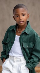 Stylish young boy in green corduroy shirt posing with confidence studio portrait of fashionable handsome child