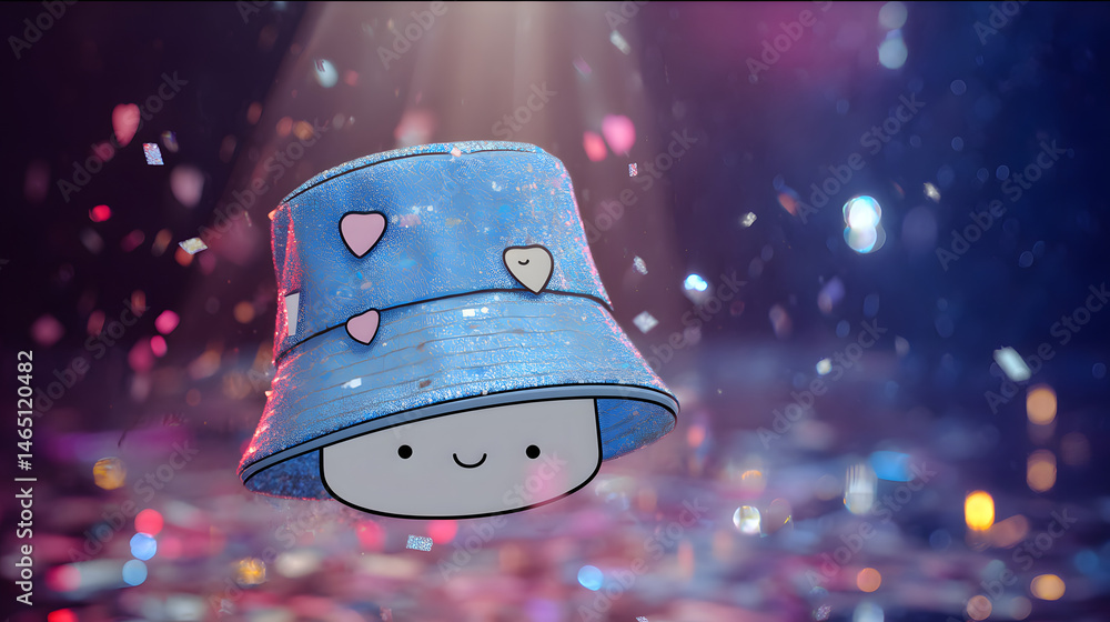 Poster Bucket Hat Character in Sparkly Environment: A charming bucket hat character with a smiling face, adorned with heart-shaped details, levitates in a glamorous and vibrant atmosphere amidst confetti.