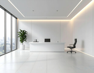 Fototapeta premium Modern office interior features a new design with a white chair, empty space, and a window