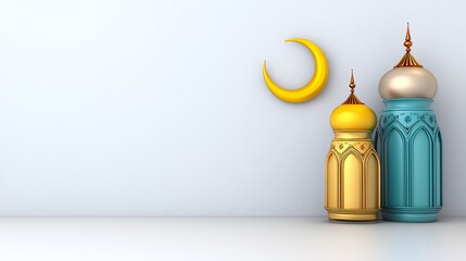 Islamic Architectural Elements Gold and Teal Domes with Crescent Moon on White Wall