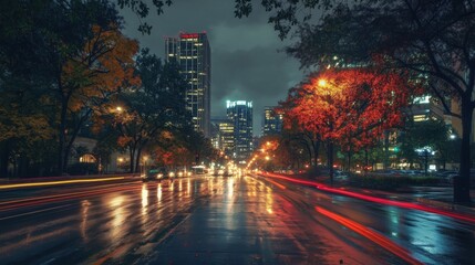 City street glistens after rainfall at twilight with light trails from vehicles passing through urban environment near buildings