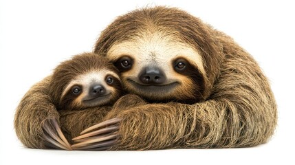 Fototapeta premium A baby sloth cuddling with its mother, looking adorable, on a white background