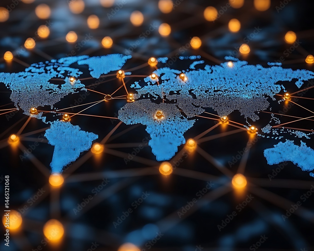 Aufkleber global interconnectedness represented by illuminated network map.
