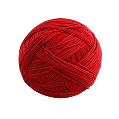 Close up of a round ball of bright red yarn on white background