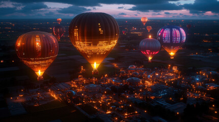 Stunning aerial view of colorful hot air balloons illuminated against twilight sky, creating magical atmosphere over vibrant landscape. scene captures beauty and excitement of balloon festivals