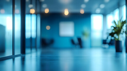 Contemporary blue office interior with abstract blur background