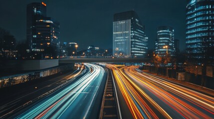 Obraz premium Nightscape of futuristic city with vibrant vehicular light trails, towering skyscrapers and busy overpass providing urban connectivity