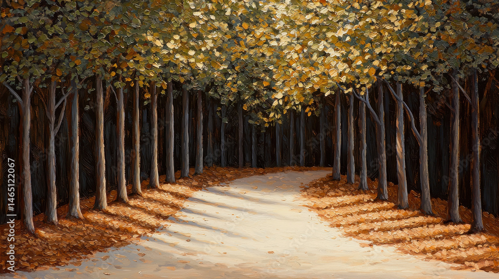 Poster serene forest trail surrounded by tall trees with golden leaves, illuminated by soft sunlight. groun