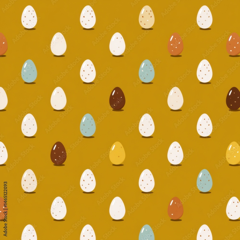 Poster symmetrical flat pattern featuring various colored egg icons on a yellow background for decorative a