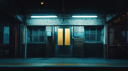 Subway Station Entrance with Glowing Doors and Cyan Lighting at Night; Abstract Interior of Underground Metro Platform