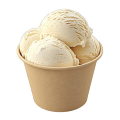 Vanilla ice cream scoops in a takeout cup against white background