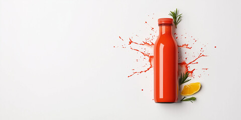 Bright orange juice bottle with splash effect and refreshing citrus and rosemary accents