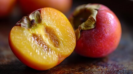 Two ripe persimmons, one cut in half, close up