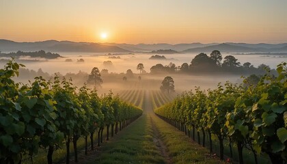 Naklejka premium Misty Sunrise over Vineyard Rows in a Picturesque Valley