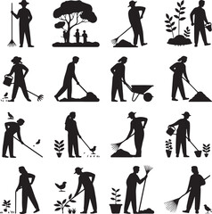 Obraz premium Gardening Silhouettes: Engaging silhouettes illustrating diverse gardening activities, symbolizing the nurturing act of cultivating nature and embracing the serenity of outdoor living.