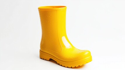 A bright yellow plastic rain boot on a white background, ready for wet weather.