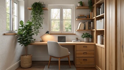 Fototapeta premium Cozy home office with a desk, chair, plants, and bookshelves.