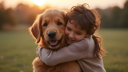 girl and dog hugging