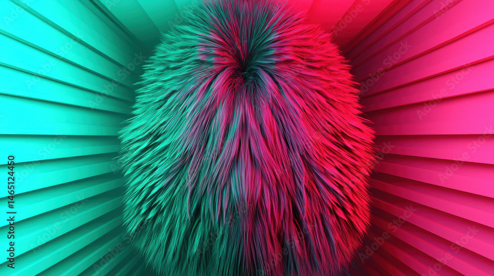 Poster vibrant, abstract representation featuring fluffy, textured sphere surrounded by gradient of teal an