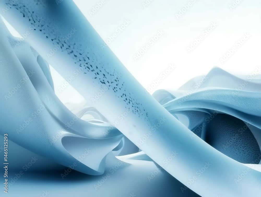 Poster exploring a serene landscape with flowing shapes and calming blue tones in a futuristic environment