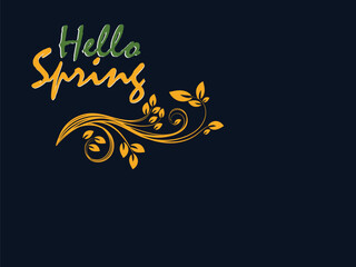 Hello Spring greeting card design with elegant gold floral branch and dark blue background