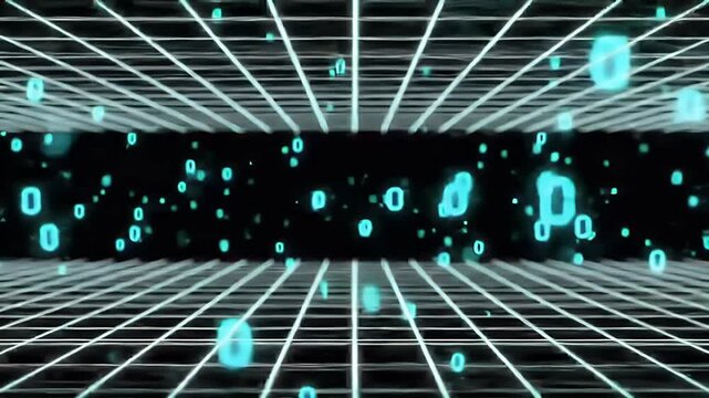 Abstract Digital Binary Code Flowing Through Grid Structure with Blue Light