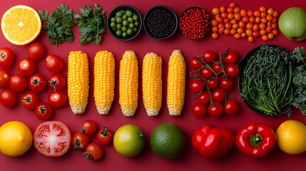 Colorful Fresh Produce Arranged on Red Surface for Culinary and Healthy Eating