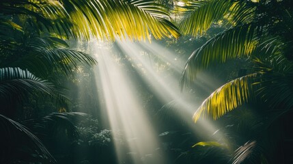 Naklejka premium Sunbeams pierce through lush, misty tropical foliage, creating a dramatic, vibrant scene