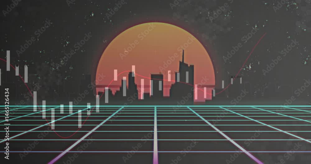 Poster skyline being rendered behind red sun while neon grid extending and candlestick bars floating