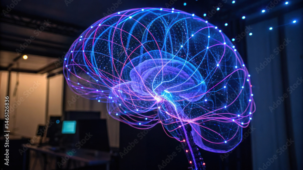 Poster holographic brain representation showcasing intricate neural connections, symbolizing productivity a
