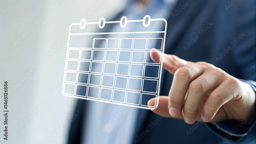 Poster person interacts with holographic calendar display, selecting dates with focused expression. this mo