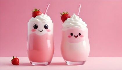 Obraz premium Two strawberry milkshakes, decorated with whipped cream, a strawberry, and adorable faces.