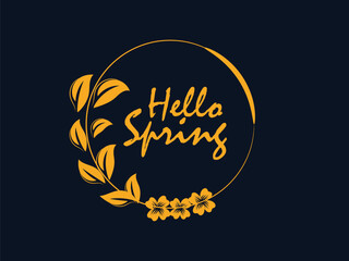 Elegant Hello Spring Design with Gold Floral Wreath and Dark Background