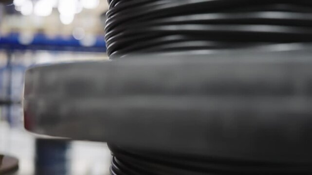 Large spools of industrial cable materials are neatly stored in a production facility