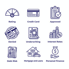 Credit Score and Loans Icon Set with Approved Credit Underwriting Interest Rates Debt Mortgage Refinance