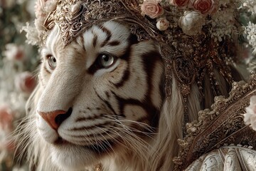 Majestic white tiger adorned with floral crown in a lush garden during daylight