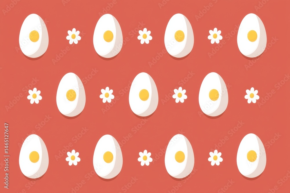 Aufkleber Symmetrical Flat Pattern Featuring Small Egg Icons and Flowers on a Warm Red Background Generative AI