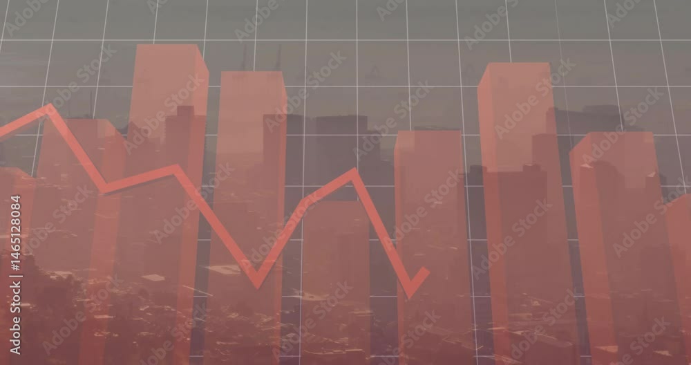 Poster financial data being visualized in 3d, showing translucent red bars and jagged line over gridlines