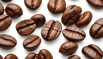 Close-up view of a collection of roasted coffee beans scattered against a white background.