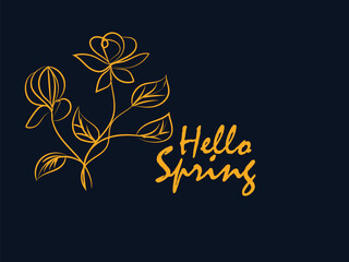 Elegant Gold Line Art Flowers and Hello Spring Text on Dark Blue Background