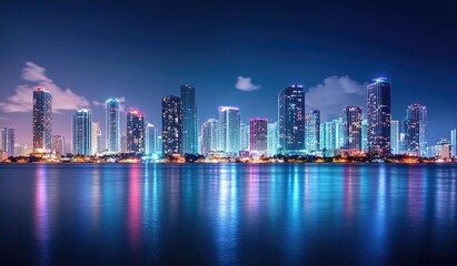 Naklejka premium Miami skyline at night, reflecting city lights on calm water