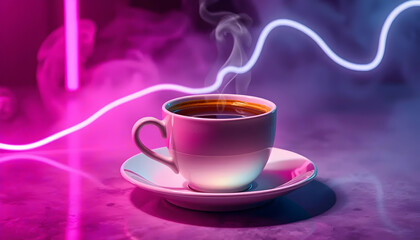 Fototapeta premium Coffee Cup With Steam Against Pink And Blue Neon Light Background
