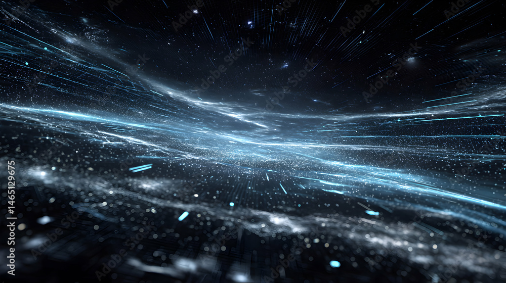 Poster abstract cosmos illuminated design with light streaks and particles in deep space perspective