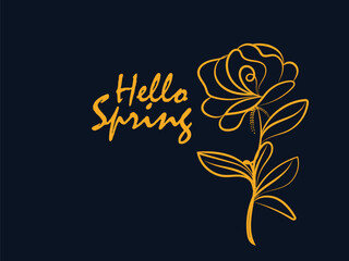 Elegant Hello Spring Greeting Card with a Golden Line Art Flower Design