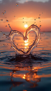 Heart Shaped Water Splash at Sunset: Romantic Ocean Photography