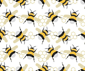 Cute Bumblebee Seamless Pattern with Honeycomb vector illustration design.