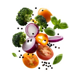 An assortment of fresh vegetables including broccoli florets, sliced red and orange bell peppers