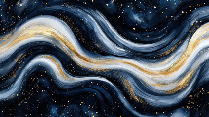Mesmerizing abstract design featuring flowing waves in shades of blue, white, and gold, resembling cosmic scene filled with stars and galaxies. artwork evokes sense of tranquility and wonder