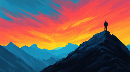 Lone traveler stands on mountain peak, gazing at breathtaking sunset with vibrant colors illuminating sky. scene evokes sense of adventure and tranquility