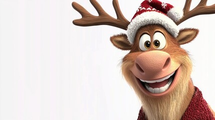 A cartoon reindeer wearing a Christmas hat, with a big smile, on a white background